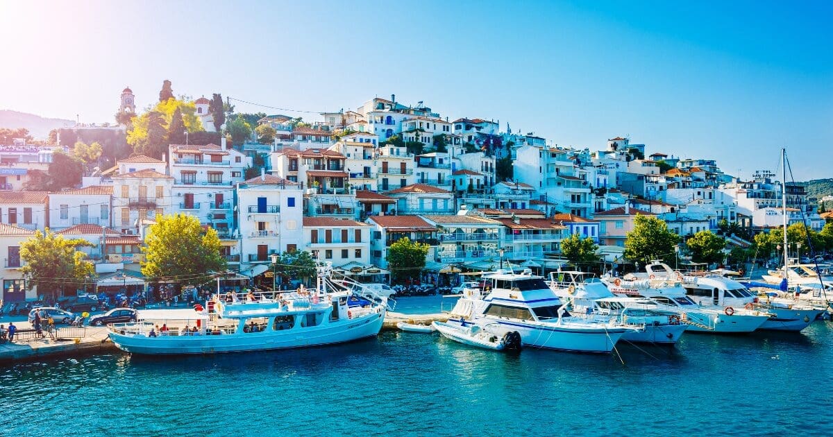 Traditional fishing boats docked in the harbor of Naoussa, Paros island, Greece.